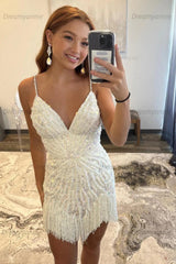 Ivory Sequined Sheath Spaghetti Straps Short Homecoming Dress with Fringes