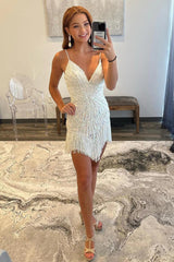 Ivory Sequined Sheath Spaghetti Straps Short Homecoming Dress with Fringes