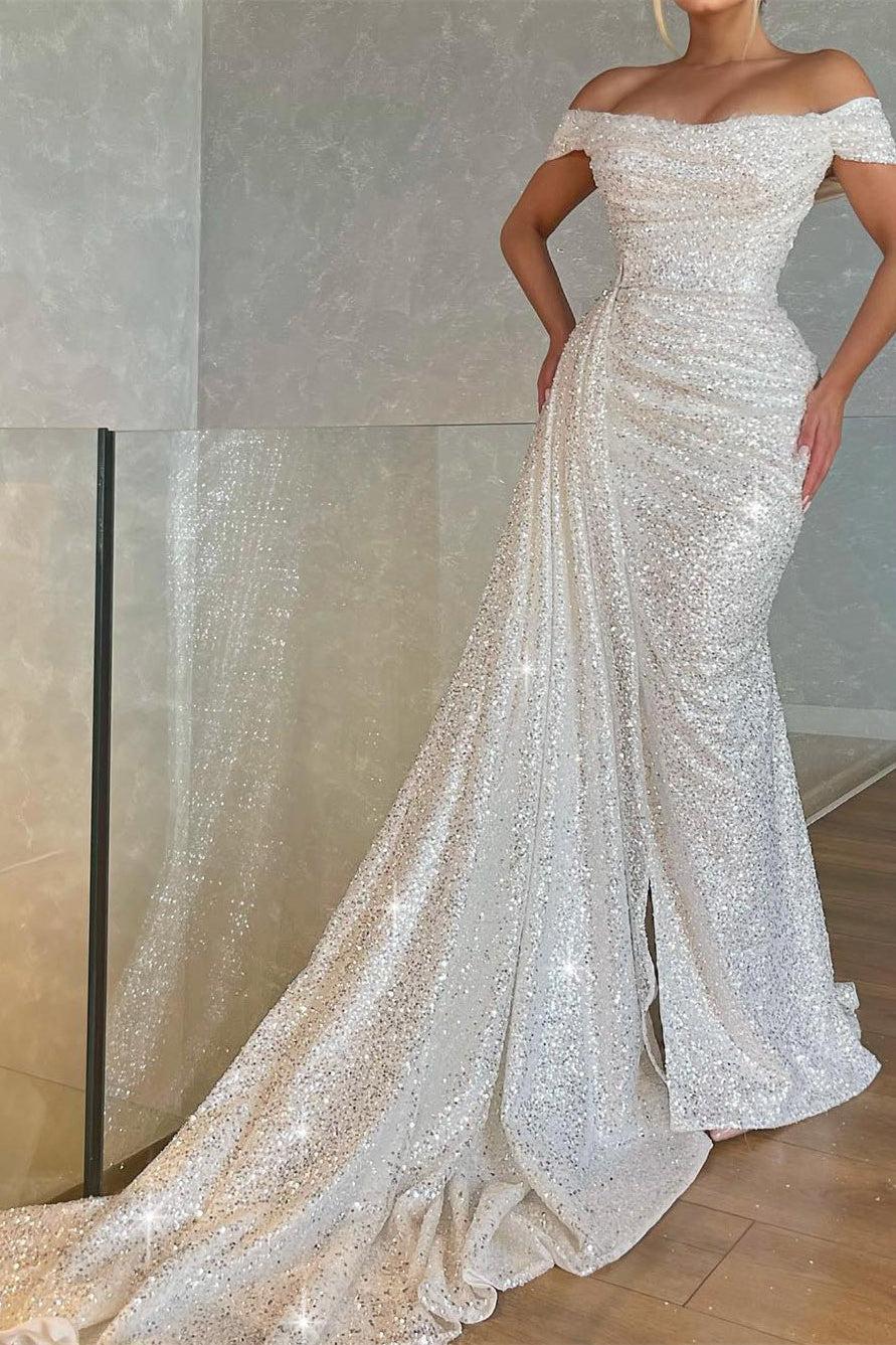 Ivory Sheath/Column Wedding Dress Off the Shoulder Evening Gown