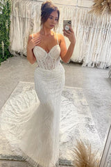 Ivory Spaghetti Straps Wedding Dress Mermaid Lace Bridal Gown