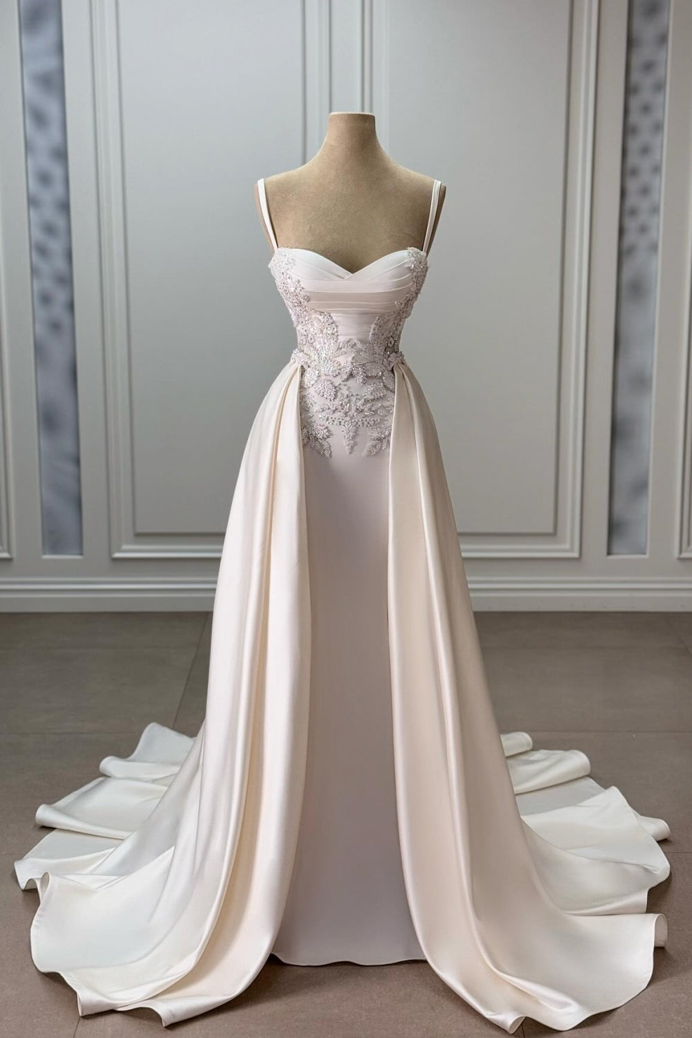 Ivory Sweetheart Spaghetti Strap Sleeveless Beaded Panel Train Ruffle Satin Bridal Gown