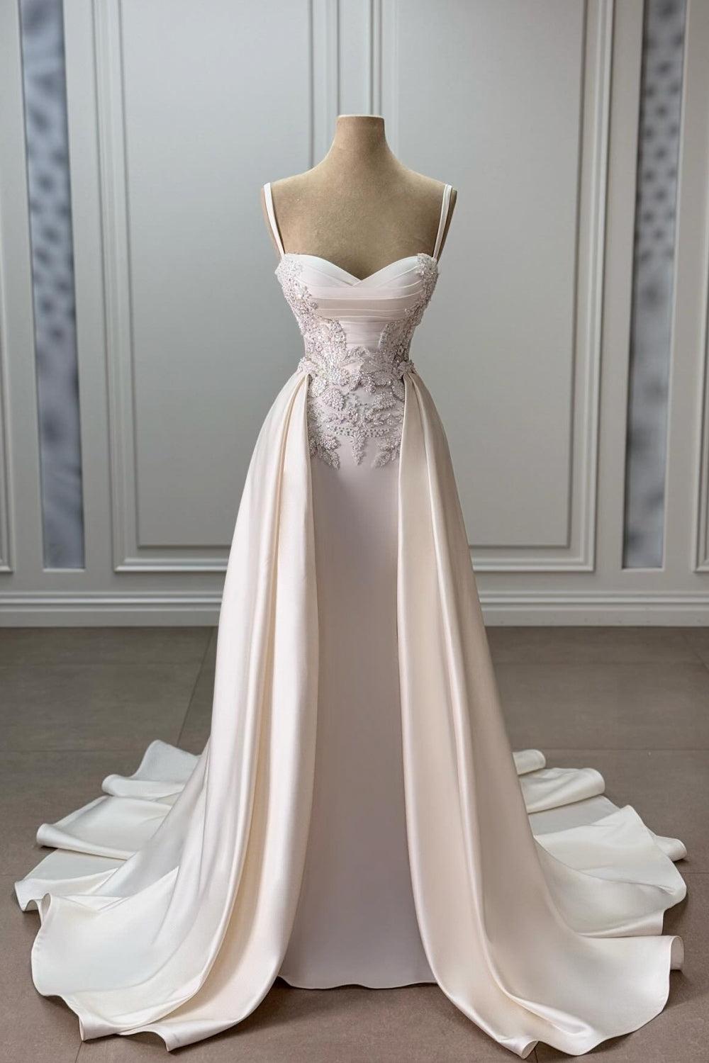 Ivory Sweetheart Spaghetti Strap Sleeveless Beaded Panel Train Ruffle Satin Bridal Gown
