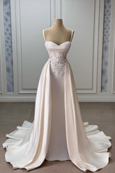 Ivory Sweetheart Spaghetti Strap Sleeveless Beaded Panel Train Ruffle Satin Bridal Gown