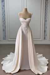 Ivory Sweetheart Spaghetti Strap Sleeveless Beaded Panel Train Ruffle Satin Bridal Gown