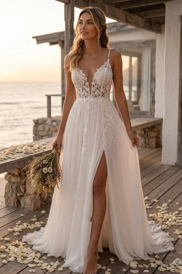 Ivory Tulle A Line Wedding Dress with Plunging V Neck and High Slit