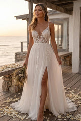 Ivory Tulle A Line Wedding Dress with Plunging V Neck and High Slit
