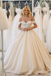 Ivory Tulle Ball Gown Wedding Dress with Off-the-Shoulder Neckline and Lace Appliques