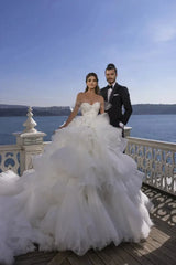 Ivory Tulle Wedding Dress Ball Gown Tiered Sequin Beaded Bridal Dress