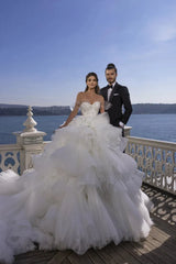 Ivory Tulle Wedding Dress Ball Gown Tiered Sequin Beaded Bridal Dress