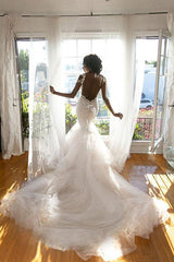 Ivory V Neck Mermaid Wedding Dress Tulle Appliques With Lace Appliques