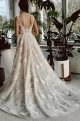 Ivory V Neck Wedding Dress A Line Split Front Sleeveless Bridal Gown With Lace