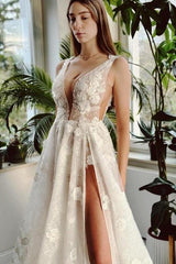 Ivory V Neck Wedding Dress A Line Split Front Sleeveless Bridal Gown With Lace