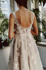 Ivory V Neck Wedding Dress A Line Split Front Sleeveless Bridal Gown With Lace