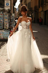 Ivory Wedding Dress A Line Spaghetti Straps Lace Tulle Bridal Gown