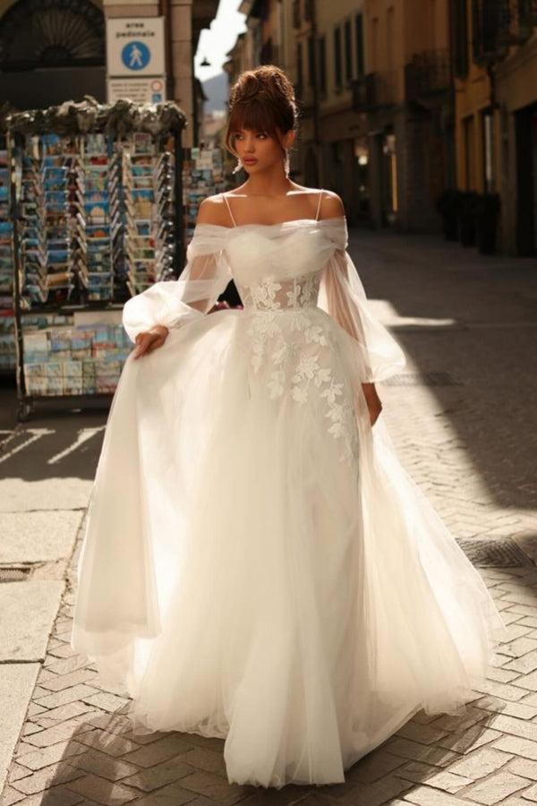 Ivory Wedding Dress A Line Spaghetti Straps Lace Tulle Bridal Gown