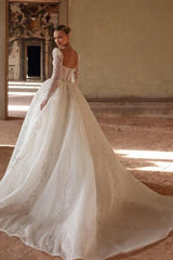 Ivory Wedding Dress A Line Square Neck Lace Beading Bridal Gown With Sleeves