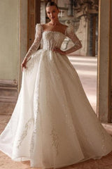 Ivory Wedding Dress A Line Square Neck Lace Beading Bridal Gown With Sleeves