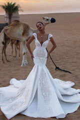 Ivory Wedding Dress Cap Sleeves Appliques Mermaid Bridal Dress