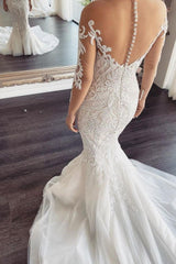 Ivory Wedding Dress Long Sleeves V Neck Lace Mermaid Tulle Bridal Dress