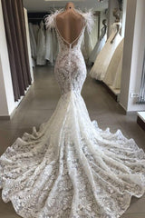 Ivory Wedding Dress Mermaid Lace Bridal Dress With Feathers