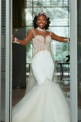 Ivory Wedding Dress Mermaid Long Sleeves Charmeuse Tulle Beaded Bridal Dress