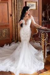 Ivory Wedding Dress Mermaid Long Sleeves Tulle Applique Bridal Dress