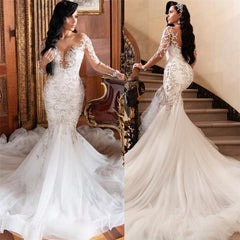 Ivory Wedding Dress Mermaid Long Sleeves Tulle Applique Bridal Dress