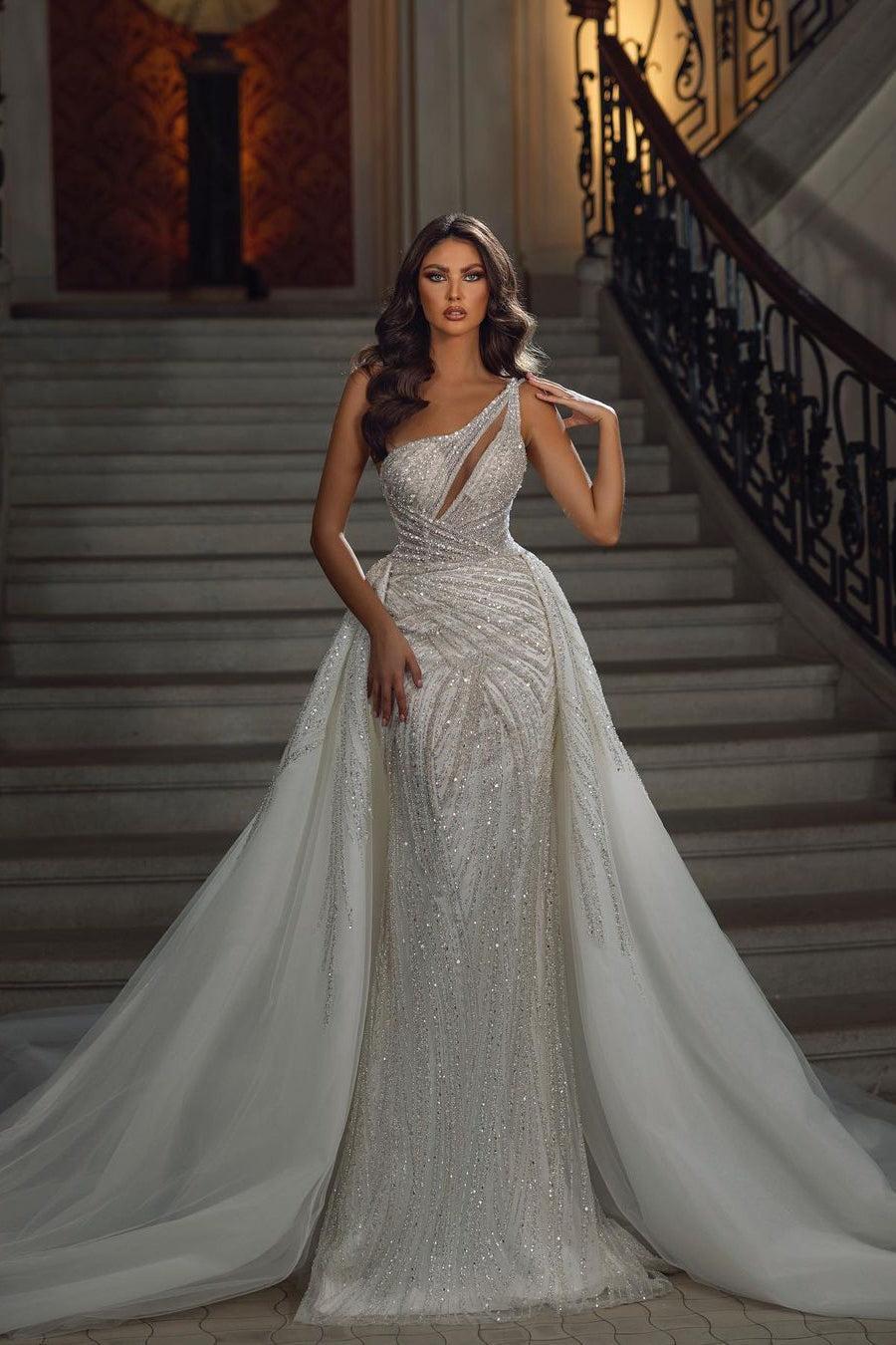 Ivory Wedding Dress Mermaid Sequined Bridal Dress With Panel Train