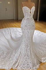 Ivory Wedding Dress Mermaid Spaghetti Straps Appliques Bridal Dress