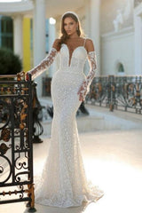 Ivory Wedding Dress Mermaid Spaghetti Straps Lace Bridal Gown With Detachable Panel Train