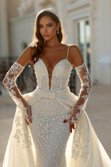 Ivory Wedding Dress Mermaid Spaghetti Straps Lace Bridal Gown With Detachable Panel Train