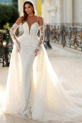 Ivory Wedding Dress Mermaid Spaghetti Straps Lace Bridal Gown With Detachable Panel Train