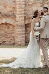 Ivory Wedding Dress Mermaid Strapless Lace Bridal Gown With Train
