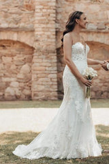 Ivory Wedding Dress Mermaid Strapless Lace Bridal Gown With Train