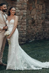 Ivory Wedding Dress Mermaid Strapless Lace Bridal Gown With Train