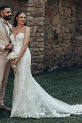 Ivory Wedding Dress Mermaid Strapless Lace Bridal Gown With Train
