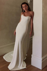 Ivory Wedding Dress Mermaid Strapless Satin Bridal Gown With Lace