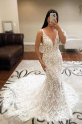 Ivory Wedding Dress Mermaid V Neck Sleeveless Lace Backless Bridal Gown