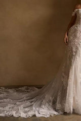 Ivory Wedding Dress Off the Shoulder Mermaid Tulle Bridal Dress with Appliques