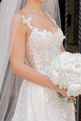 Ivory Wedding Dress Sleeveless Lace Bridal Gown With Detachable Panel Train