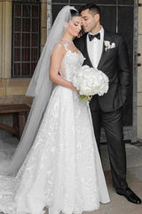 Ivory Wedding Dress Sleeveless Lace Bridal Gown With Detachable Panel Train