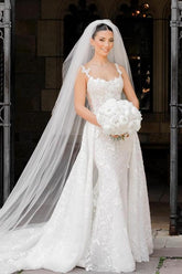 Ivory Wedding Dress Sleeveless Lace Bridal Gown With Detachable Panel Train
