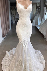Ivory Wedding Dress Spaghetti Straps Mermaid Tulle Bridal Dress