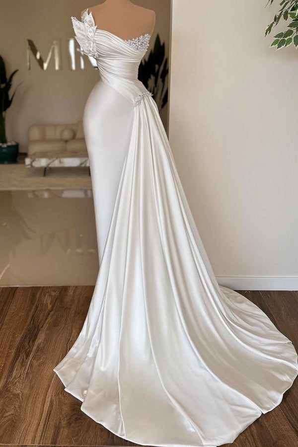Ivory Wedding Dress Strapless Satin Pleated Bridal Gown With Pearls