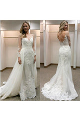 Ivory Wedding Dress Tulle Appliques Long Sleeves Mermaid Bridal Dress with Panel Train