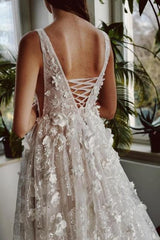 Ivory Wedding Dress V Neck A Line Lace Bridal Gown With Glitter