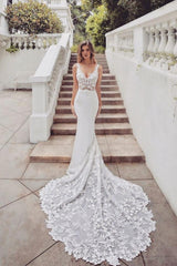 Ivory Wedding Dress V Neck Lace Mermaid Bridal Dress