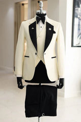 Ivory and Black Prom Suit Notched Lapel Slim Fit Wedding Suit