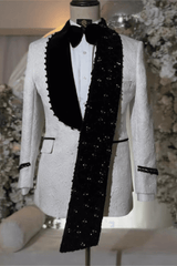 Ivory and Black Shawl Lapel Prom Suit Jacquard Wedding Suit