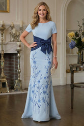 Jersey Mermaid Mother of the Bride Dress with Floral Print and Bow Sash